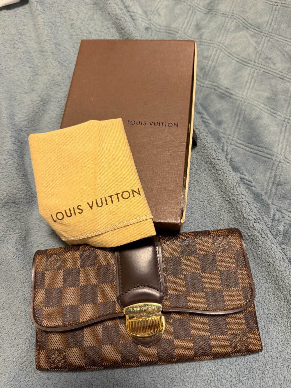 Louis Vuitton Damier Ebene Brown Check Canvas Clutch Wallet with Gold Hardware